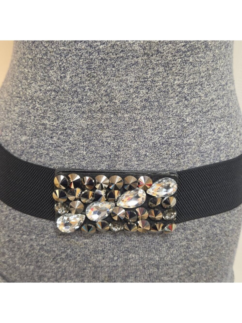 Black Womens Waist Belt Black Elastic Clear Gray Rhinestone Buckle Vintage